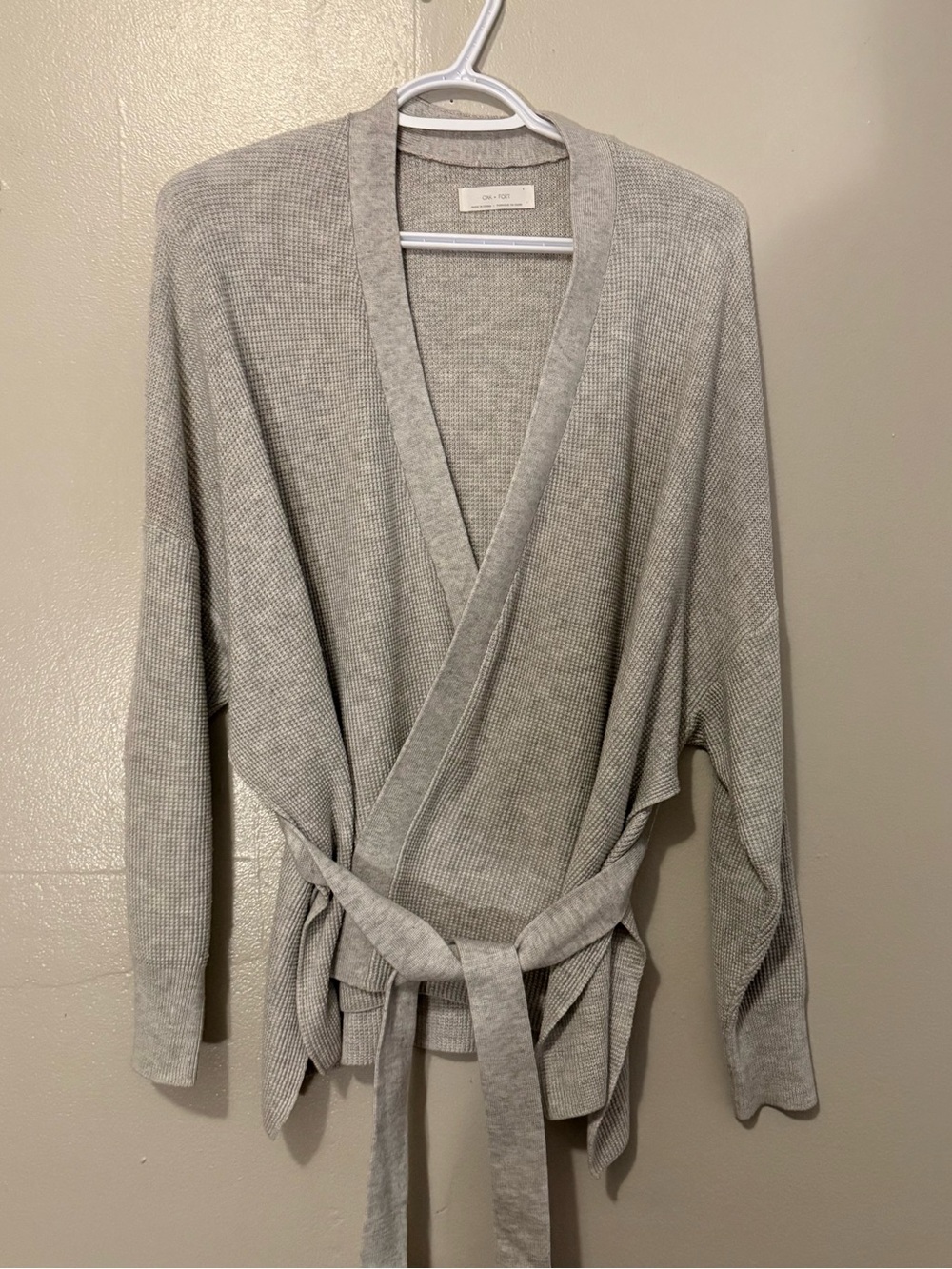 OAK + FORT Light Gray Waffle Wrap Cardigan with Tie
